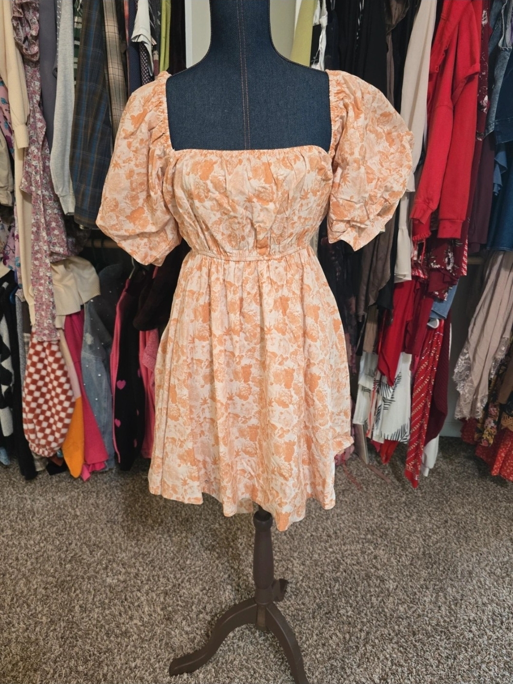 Peasant Puff-Sleeve Floral Mini Dress in Peach